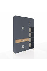 Arges Dolap 10 Raflı Tek Çekmeceli 5 Kapaklı 132x30x195 Antrasit-Antrasit/Çam