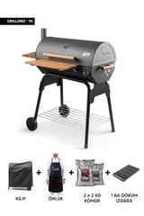 Cheffi Grillord‑75 Kömürlü Barbekü (1 Adet Döküm Izgaralı) + Hediye Seti (Önlük + Kılıf + 2×2 kg Kömür)