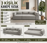 Fitilli Kadife 3 Kişilik Kanepe Yatak – Açılır Sünger Koltuk | 300x200 cm | Salon Misafir Yatağı | Gri