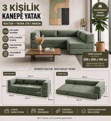 Fitilli Kadife 3 Kişilik Kanepe Yatak – Açılır Sünger Koltuk | 300x200 cm | Salon Misafir Yatağı | Yeşil