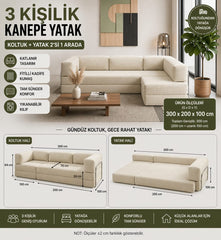 Fitilli Kadife 3 Kişilik Kanepe Yatak – Açılır Sünger Koltuk | 300x200 cm | Salon Misafir Yatağı | Krem