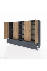 Hyperion Dolap 12 Raflı 3 Çekmeceli 4 Kapaklı 220x44x163 Antrasit-Çam/Antrasit
