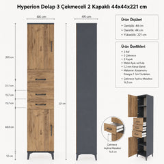 Hyperion Dolap 3 Raflı 3 Çekmeceli 2 Kapaklı 44x44x221 Antrasit-Çam