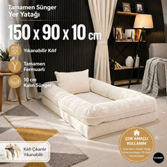 Çocuk Yer Yatağı 150x90 cm – Sünger Bebek Oyun Minderi Yıkanabilir Kılıflı | Beyaz