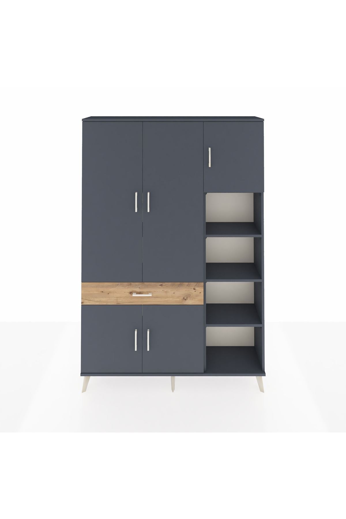 Arges Dolap 10 Raflı Tek Çekmeceli 5 Kapaklı 132x30x195 Antrasit-Antrasit/Çam