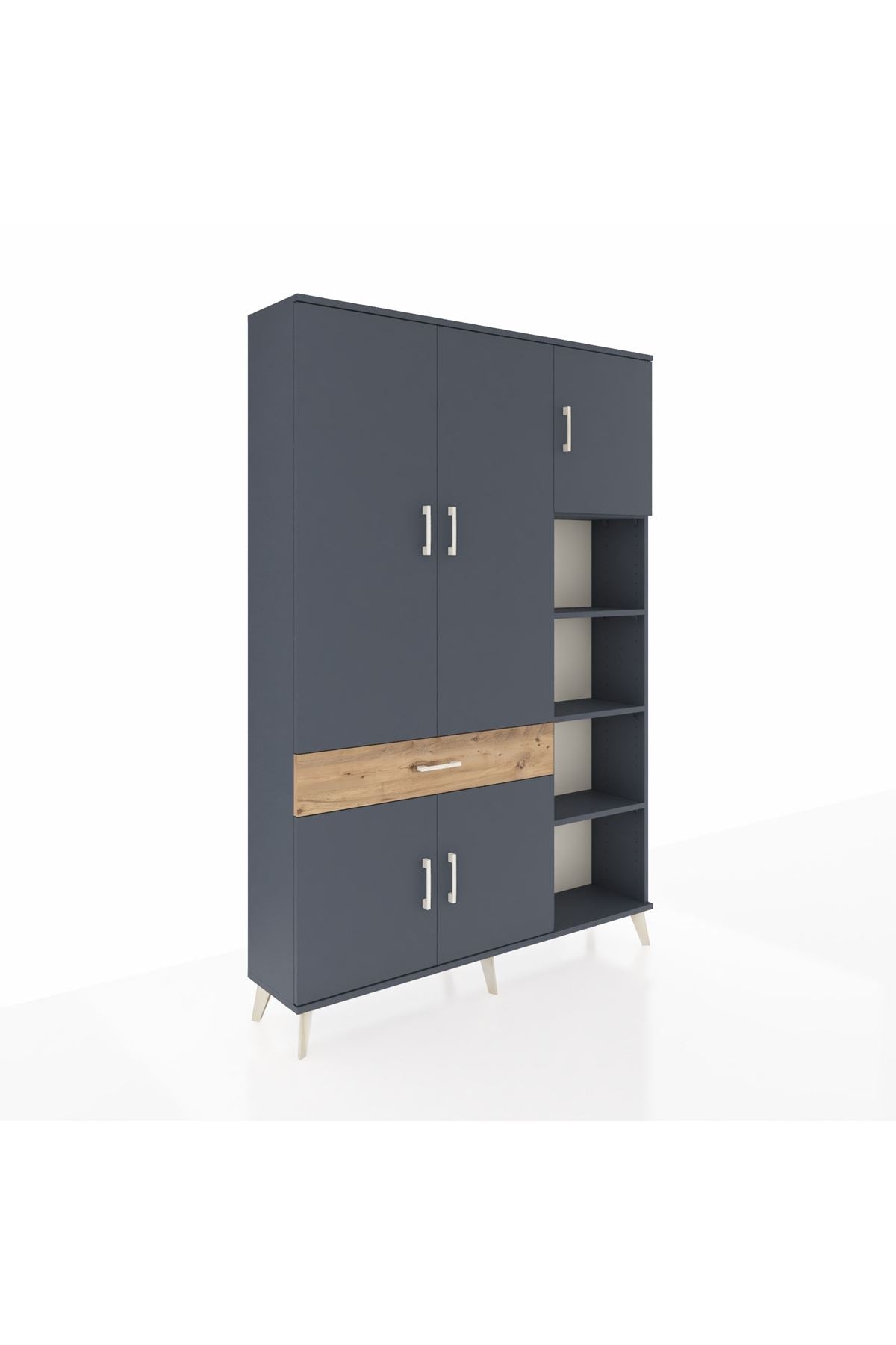 Arges Dolap 10 Raflı Tek Çekmeceli 5 Kapaklı 132x30x195 Antrasit-Antrasit/Çam