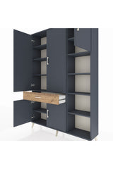 Arges Dolap 10 Raflı Tek Çekmeceli 5 Kapaklı 132x30x195 Antrasit-Antrasit/Çam