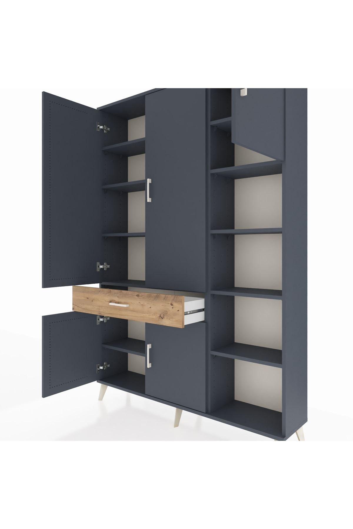 Arges Dolap 10 Raflı Tek Çekmeceli 5 Kapaklı 132x30x195 Antrasit-Antrasit/Çam