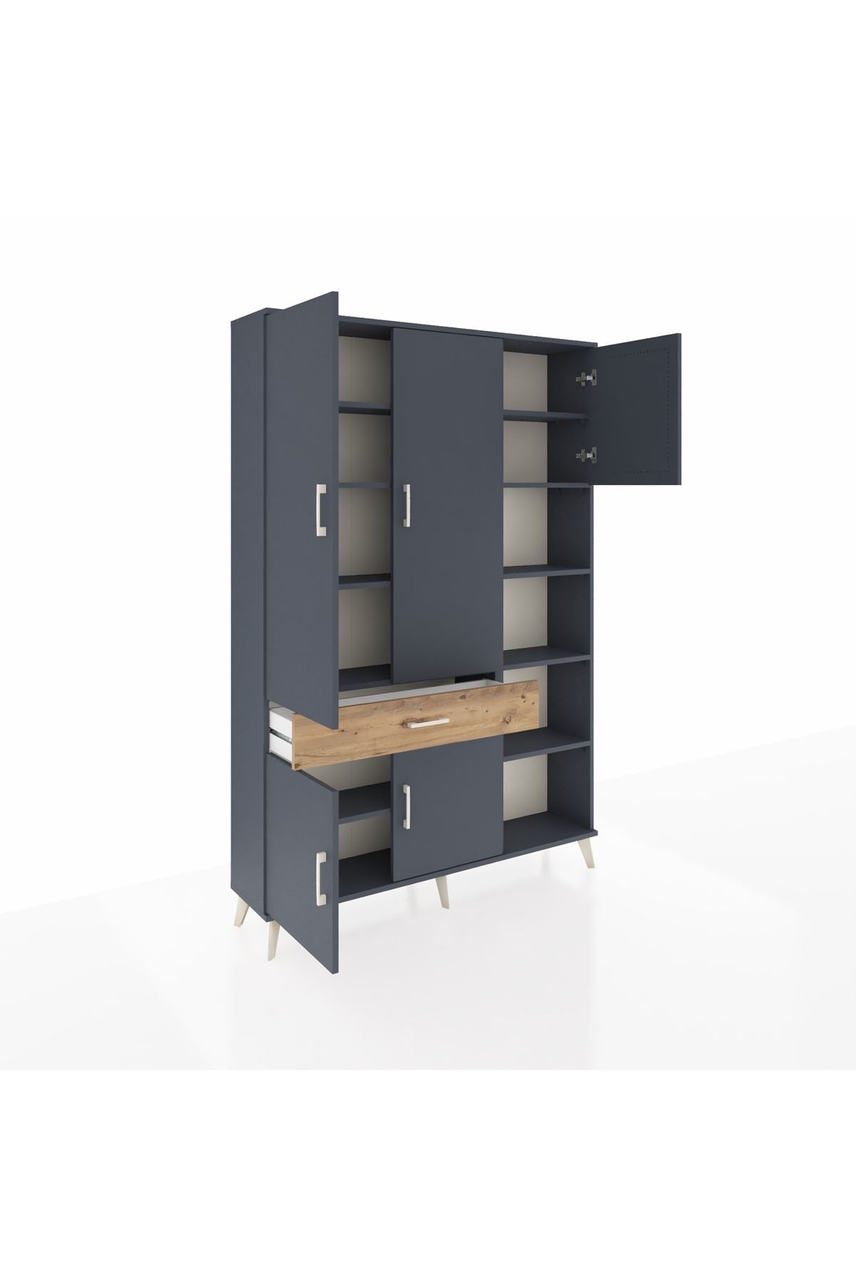 Arges Dolap 10 Raflı Tek Çekmeceli 5 Kapaklı 132x30x195 Antrasit-Antrasit/Çam