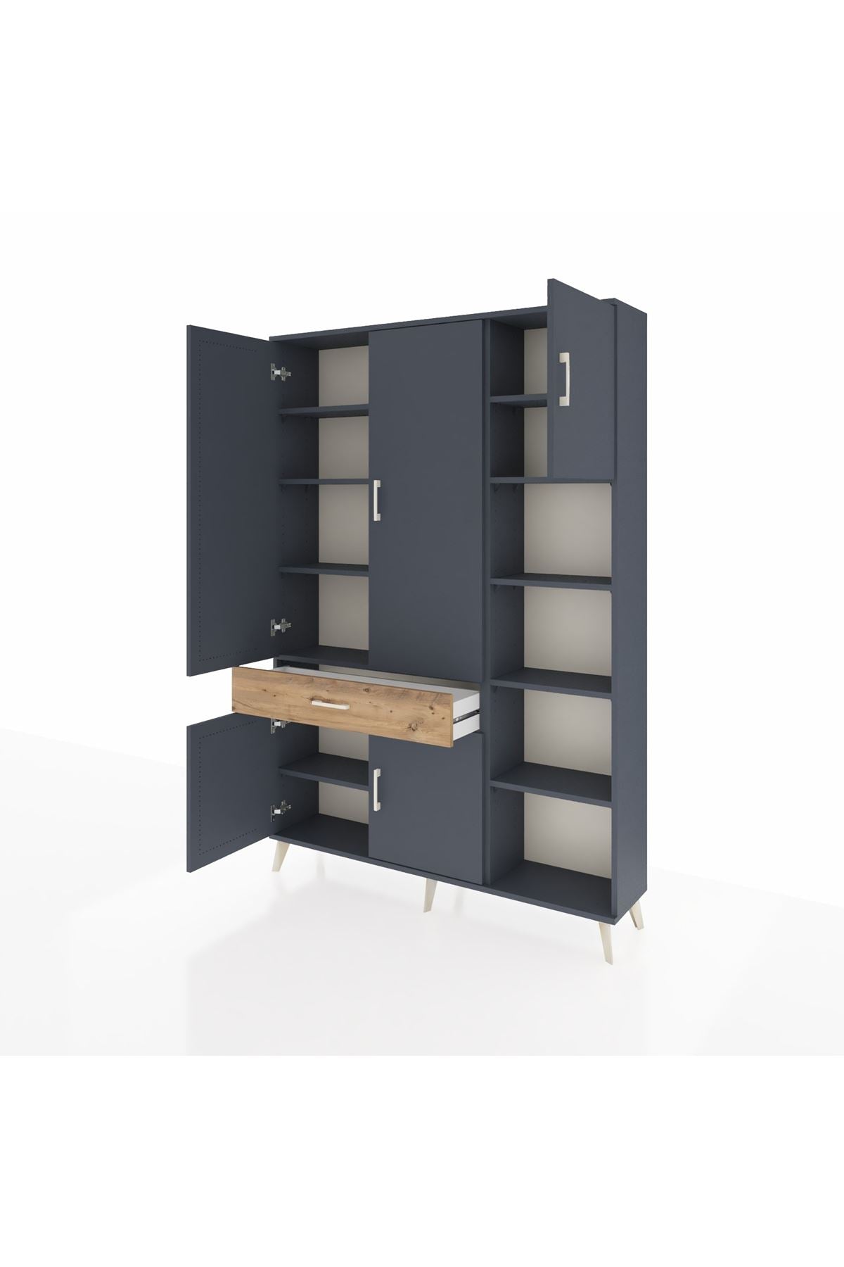 Arges Dolap 10 Raflı Tek Çekmeceli 5 Kapaklı 132x30x195 Antrasit-Antrasit/Çam