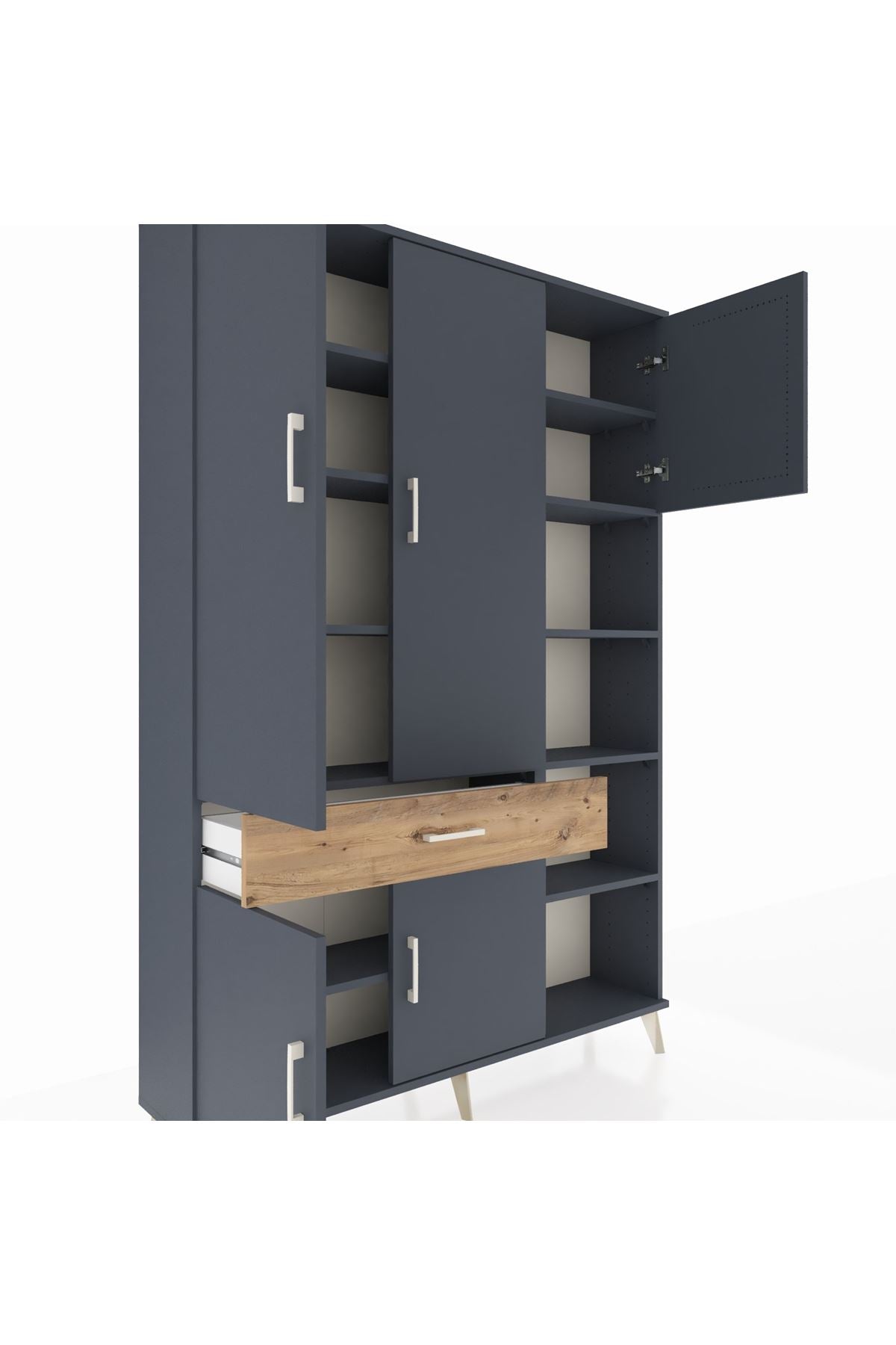 Arges Dolap 10 Raflı Tek Çekmeceli 5 Kapaklı 132x30x195 Antrasit-Antrasit/Çam