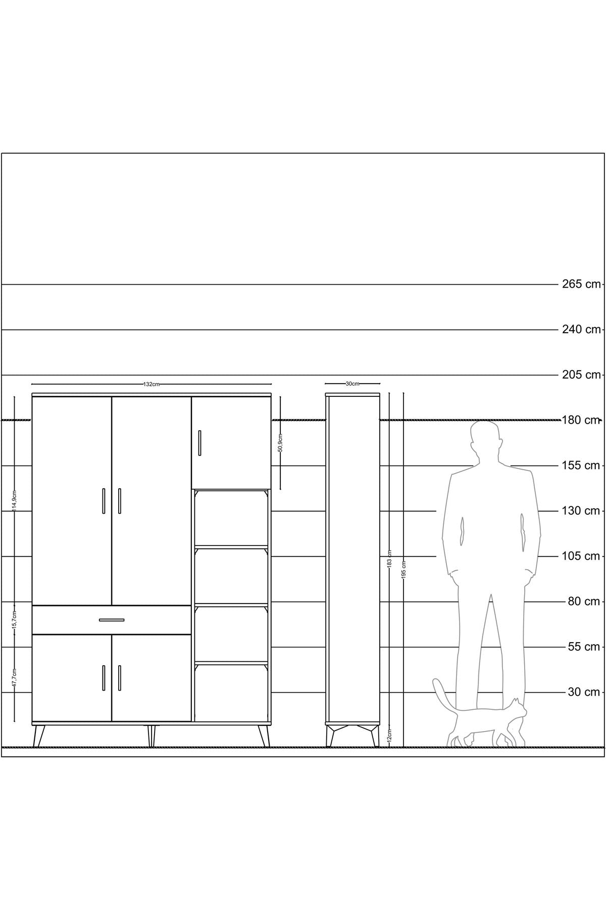 Arges Dolap 10 Raflı Tek Çekmeceli 5 Kapaklı 132x30x195 Antrasit-Antrasit/Çam