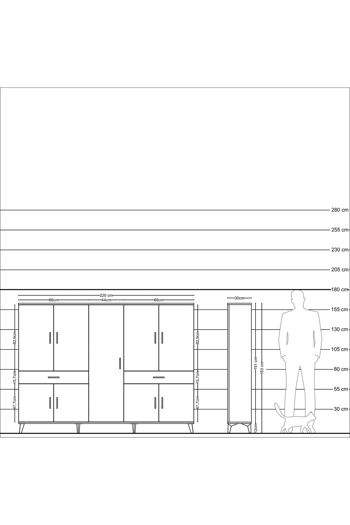 Arges Dolap 12 Raflı 2 Çekmeceli 8 Kapaklı 220x30x163 Antrasit-Antrasit
