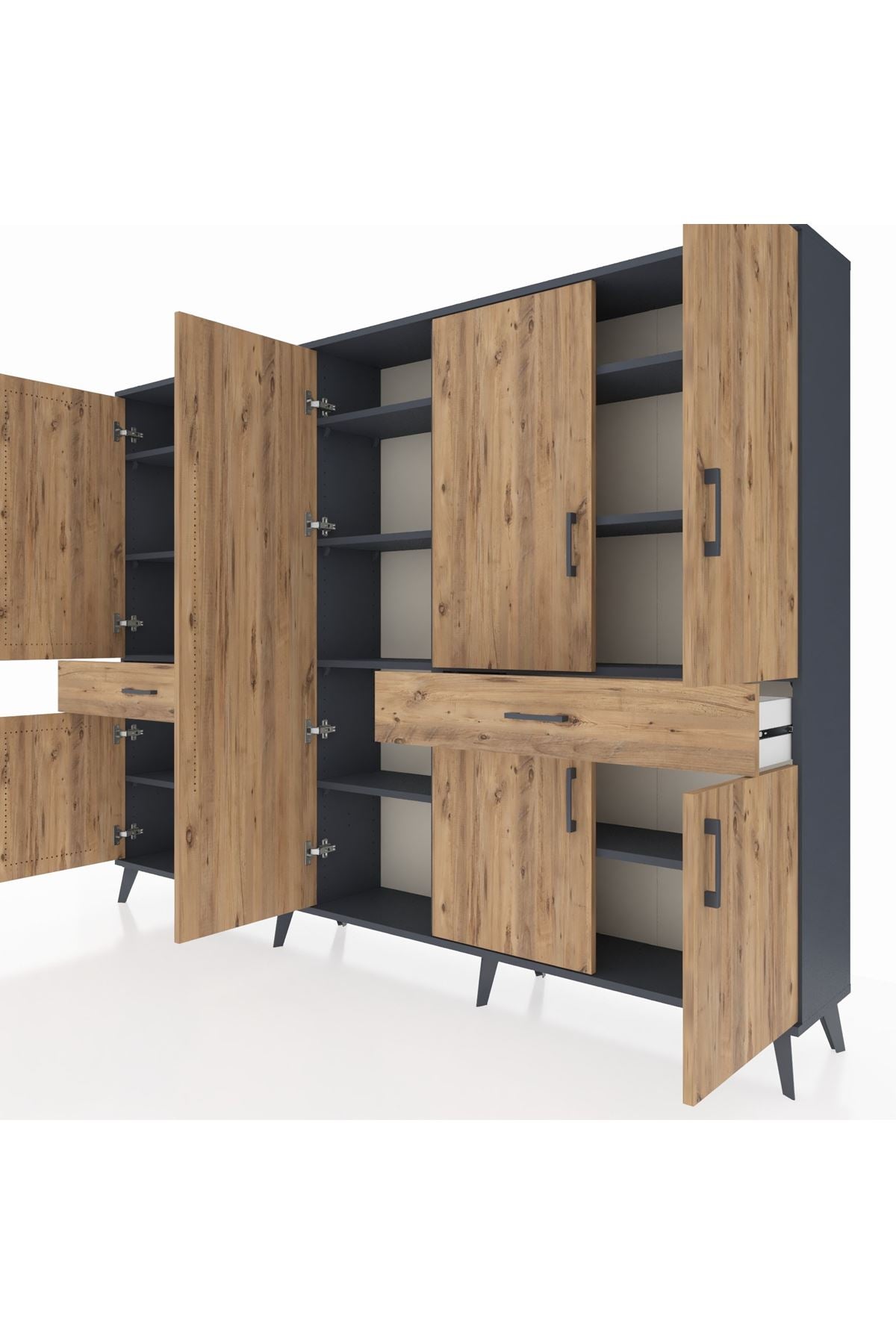 Arges Dolap 12 Raflı 2 Çekmeceli 8 Kapaklı 220x30x163 Antrasit-Çam