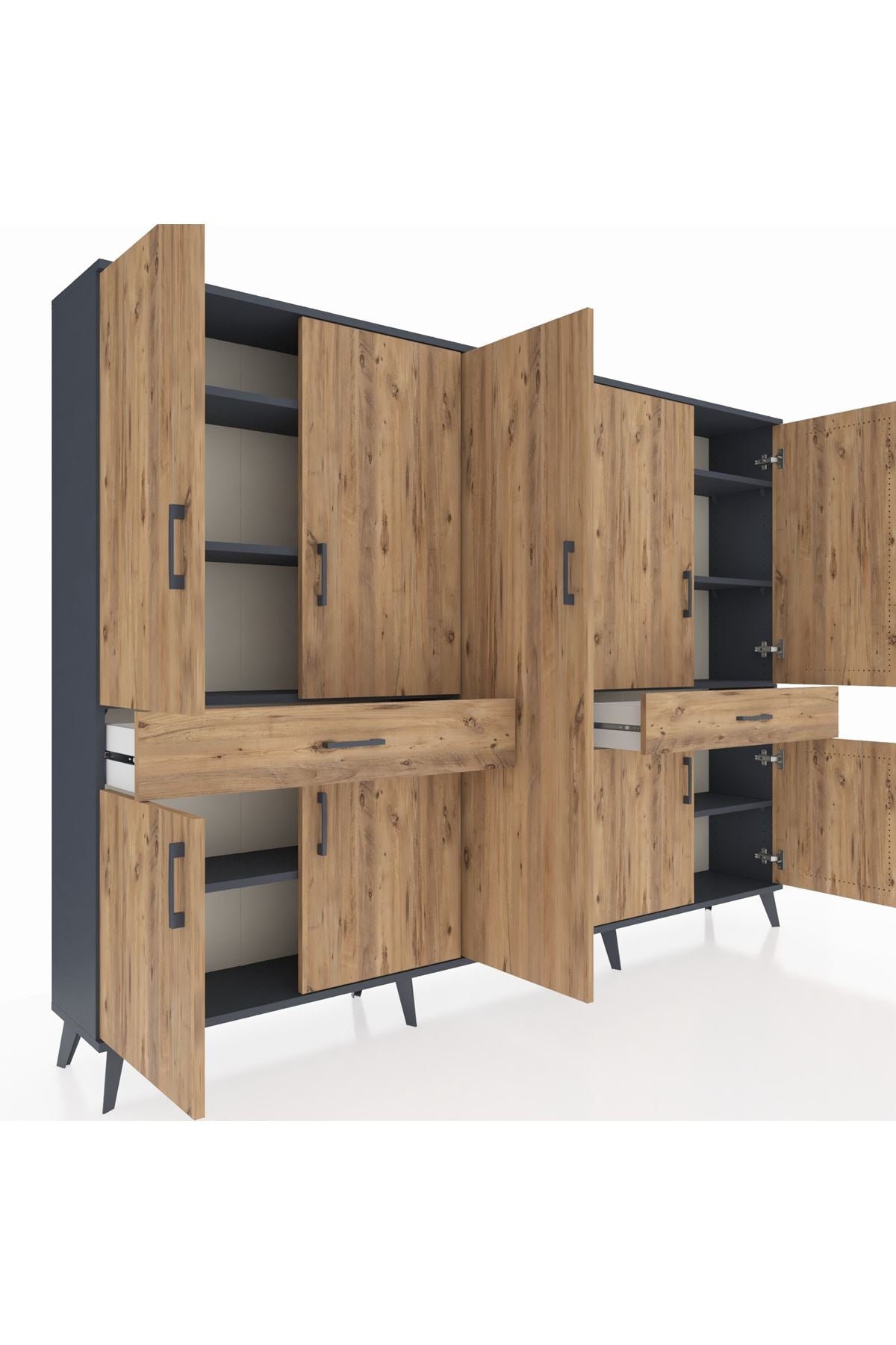 Arges Dolap 12 Raflı 2 Çekmeceli 8 Kapaklı 220x30x163 Antrasit-Çam