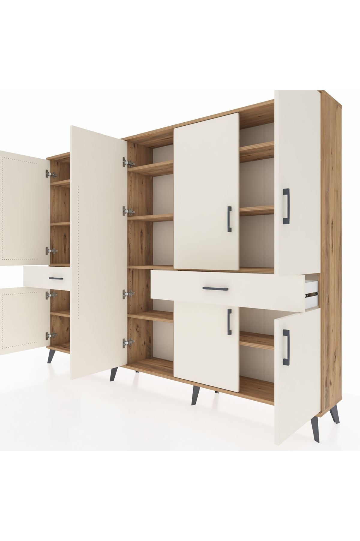 Arges Dolap 12 Raflı 2 Çekmeceli 8 Kapaklı 220x30x163 Çam-Aytaşı