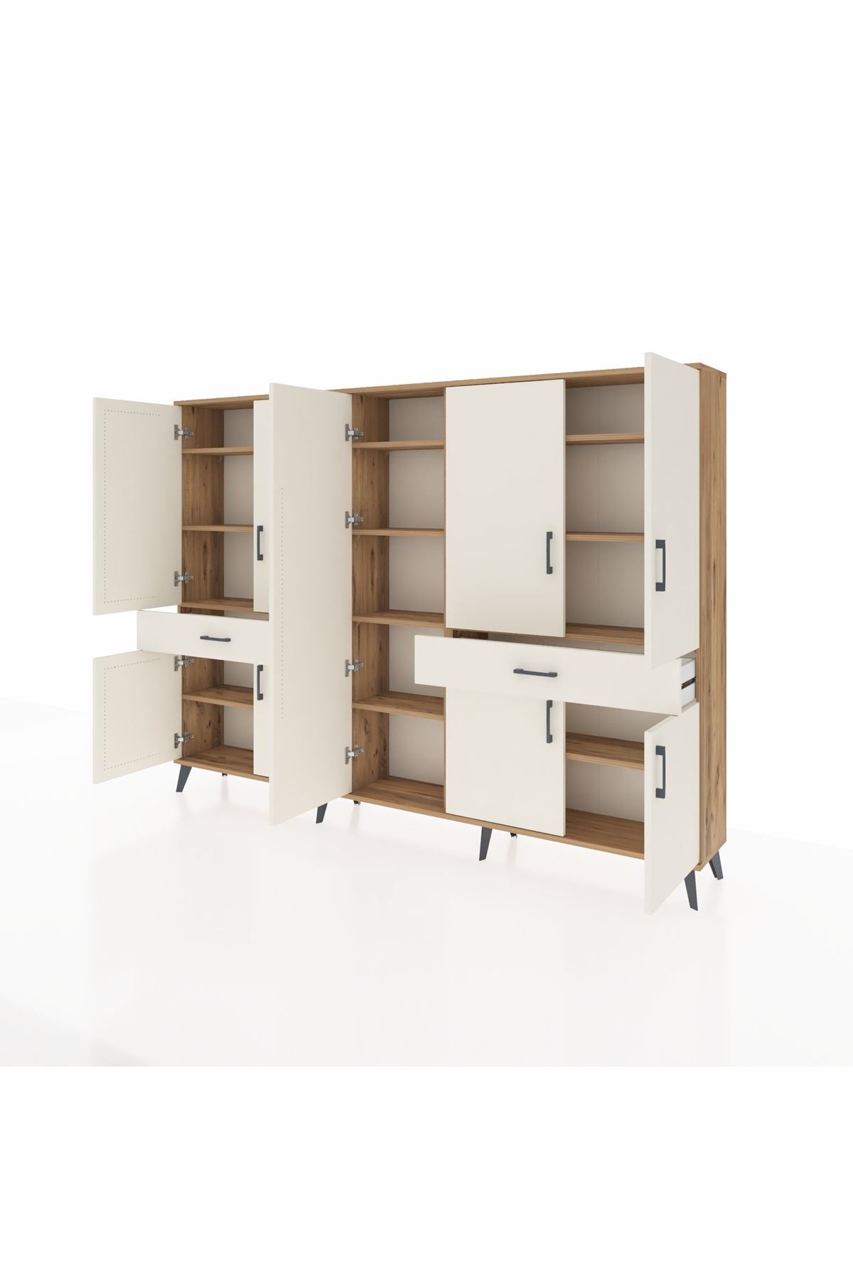Arges Dolap 12 Raflı 2 Çekmeceli 8 Kapaklı 220x30x163 Çam-Aytaşı