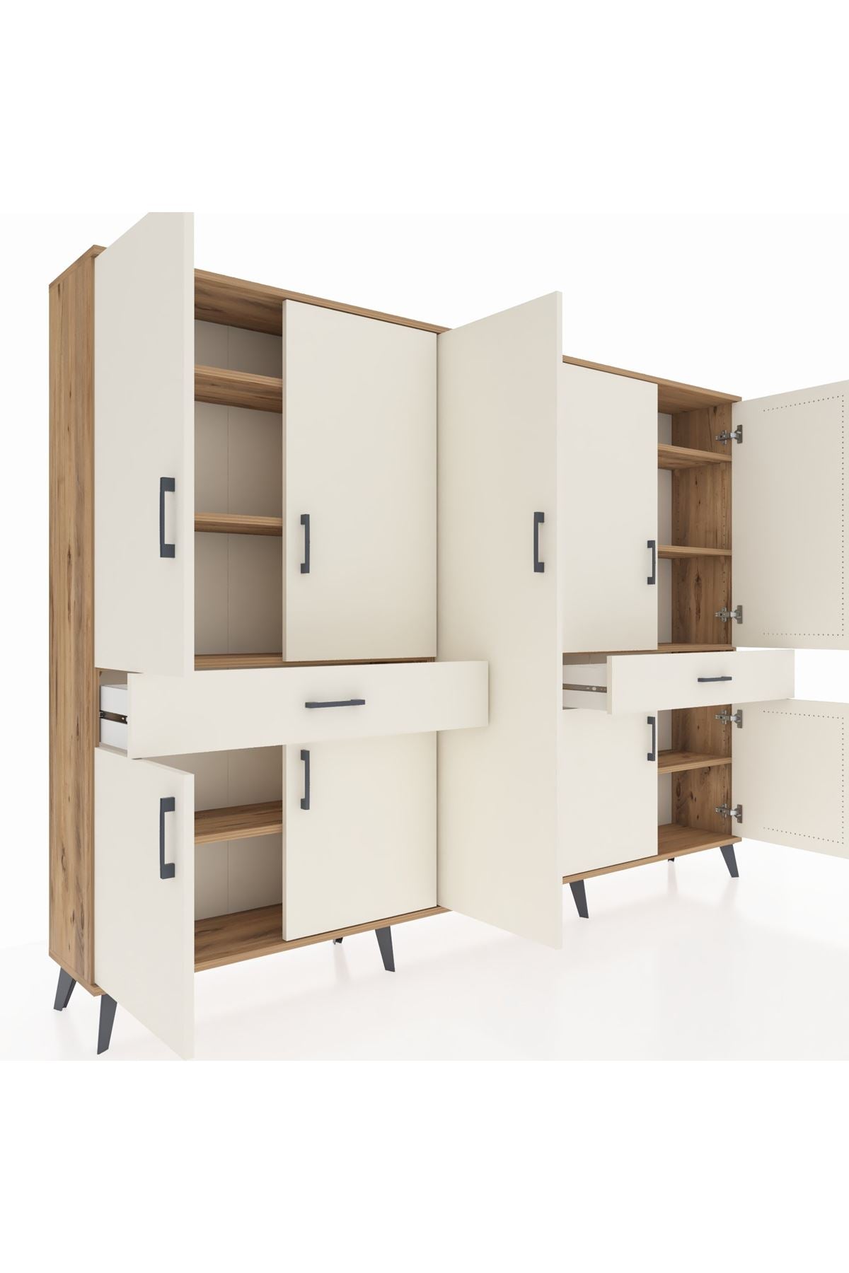 Arges Dolap 12 Raflı 2 Çekmeceli 8 Kapaklı 220x30x163 Çam-Aytaşı
