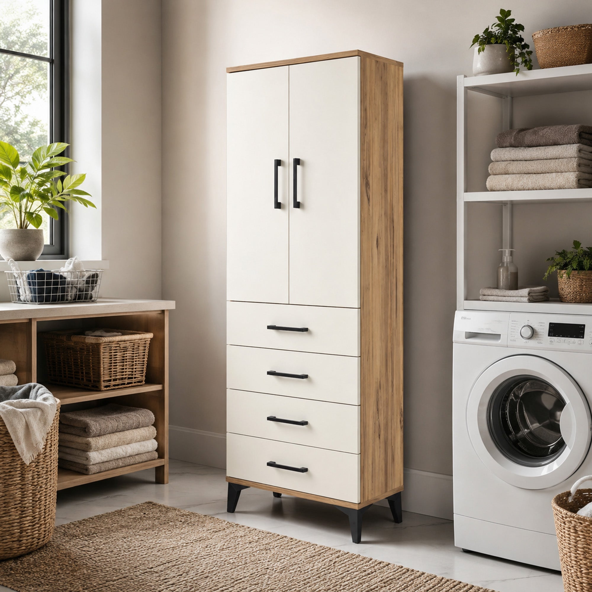 Arges Dolap 3 Raflı 4 Çekmeceli 2 Kapaklı 60x30x163 Çam-Aytaşı