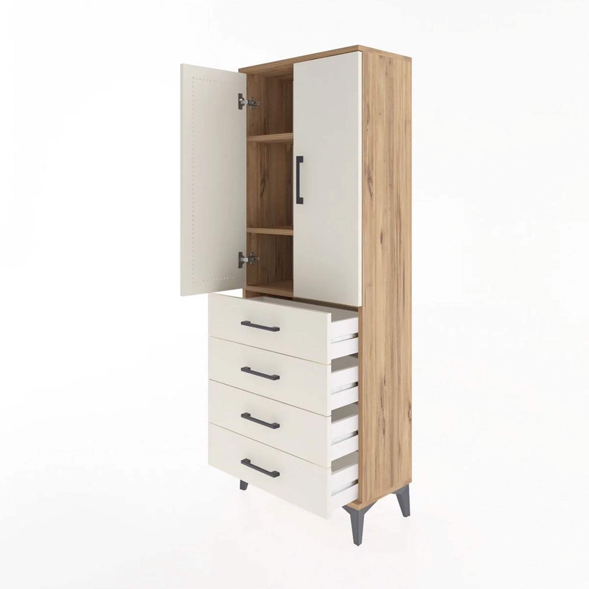 Arges Dolap 3 Raflı 4 Çekmeceli 2 Kapaklı 60x30x163 Çam-Aytaşı