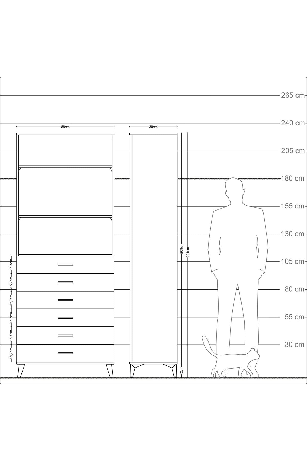 Arges Dolap 3 Raflı 6 Çekmeceli 88x30x221 Antrasit-Çam
