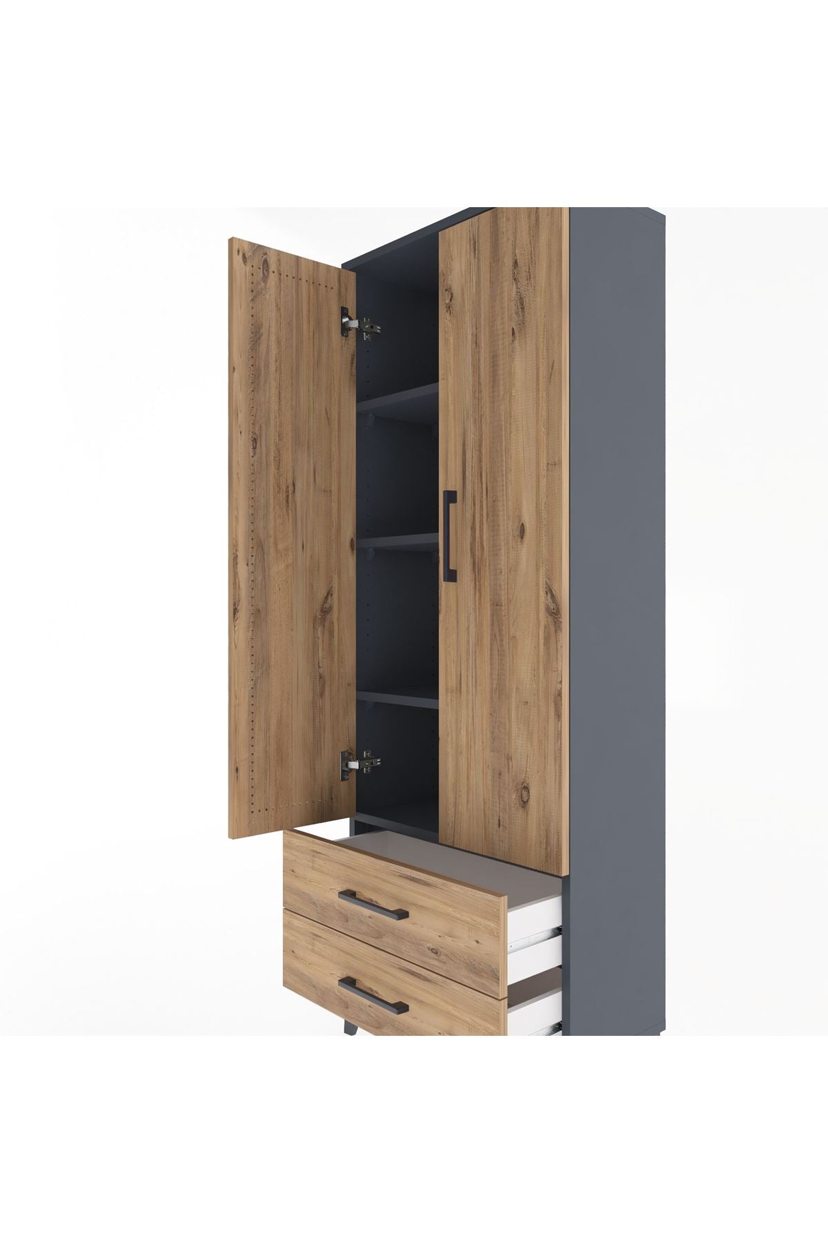 Arges Dolap 4 Raflı 2 Çekmeceli 2 Kapaklı 60x30x163 Antrasit-Çam