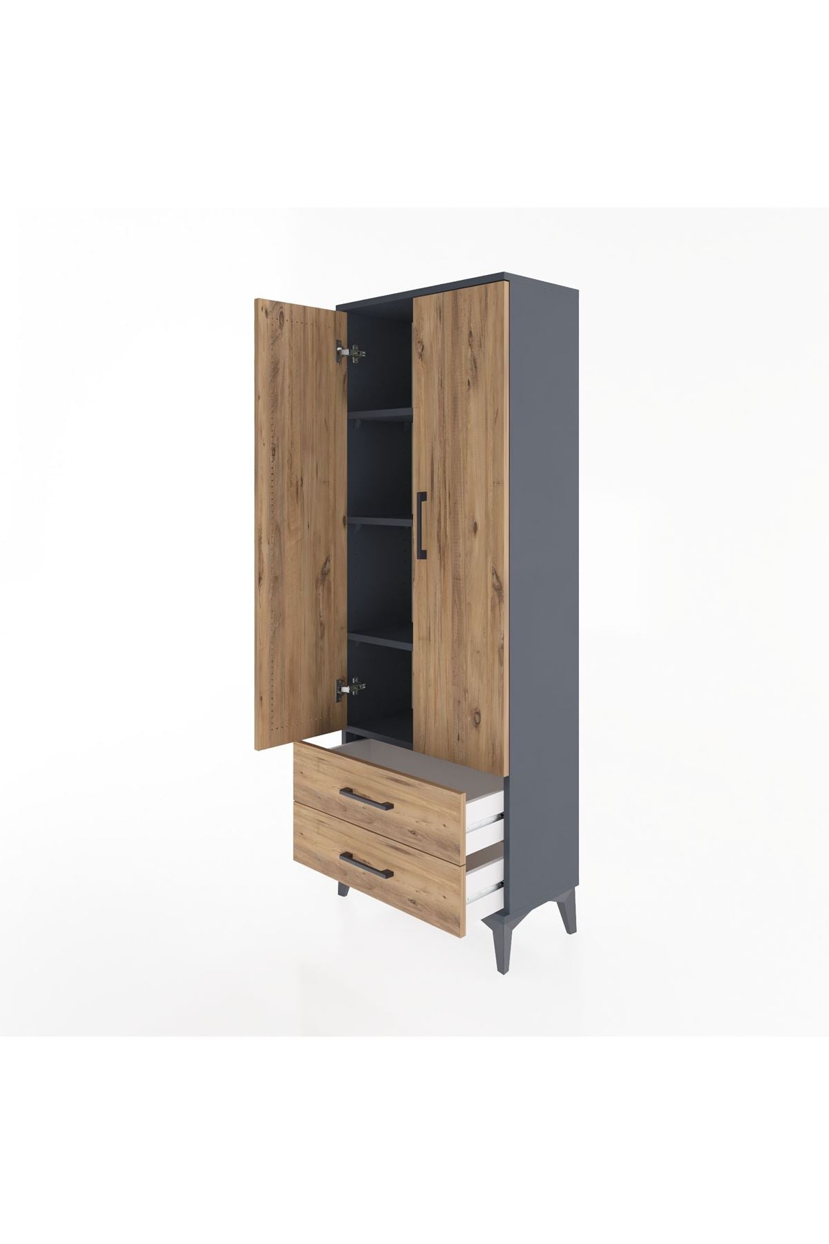Arges Dolap 4 Raflı 2 Çekmeceli 2 Kapaklı 60x30x163 Antrasit-Çam