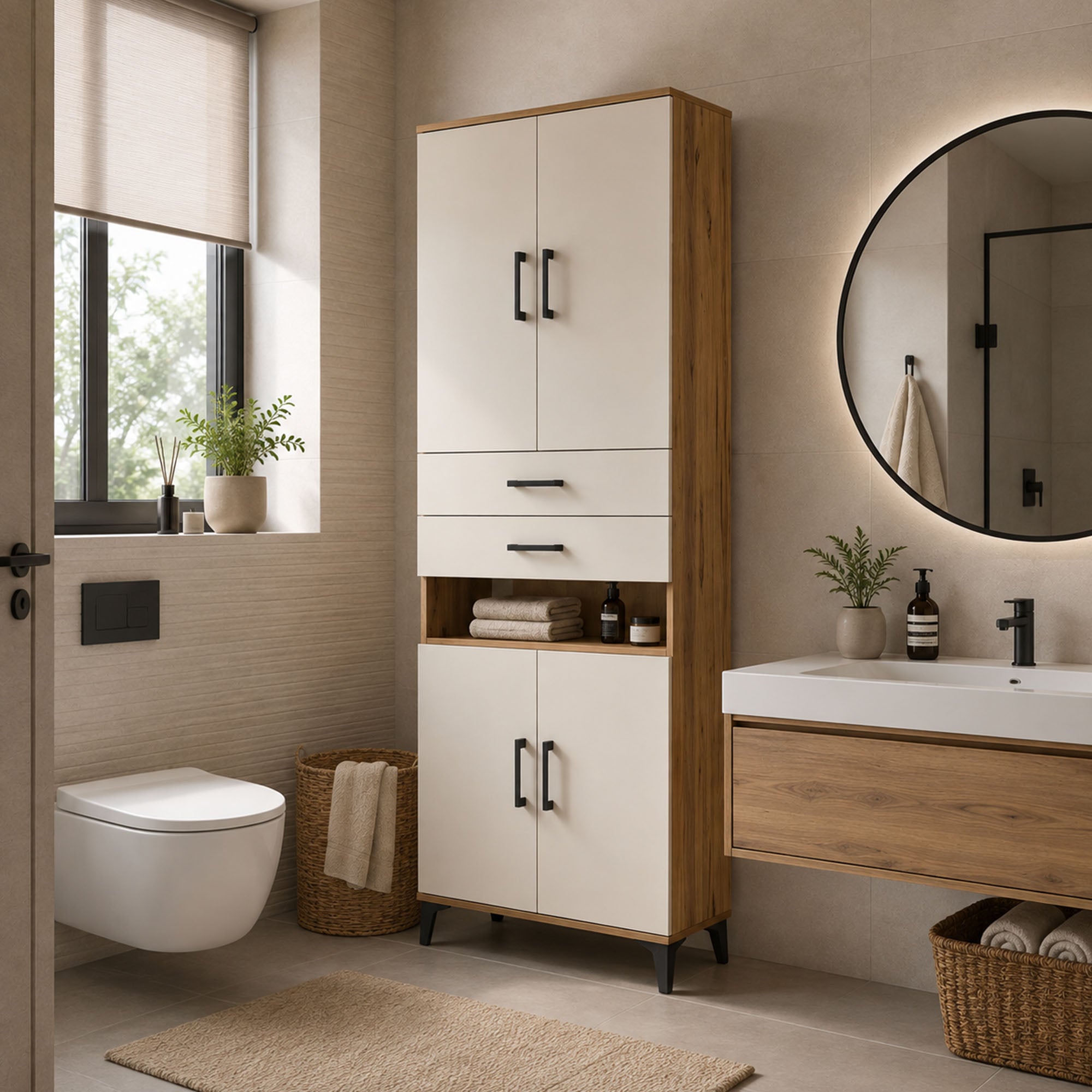 Arges Dolap 5 Raflı 2 Çekmeceli 4 Kapaklı 88x30x221 Çam-Aytaşı