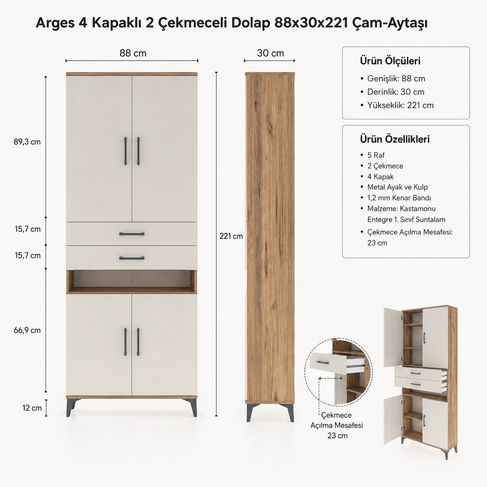 Arges Dolap 5 Raflı 2 Çekmeceli 4 Kapaklı 88x30x221 Çam-Aytaşı