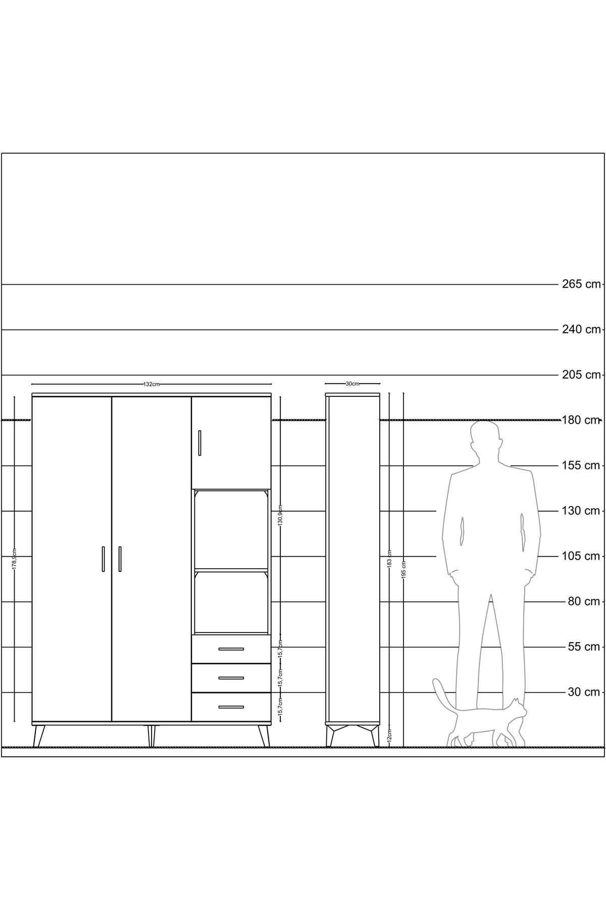 Arges Dolap 5 Raflı 3 Çekmeceli Tek Askılı 132x30x195 Çam-Aytaşı/Antrasit