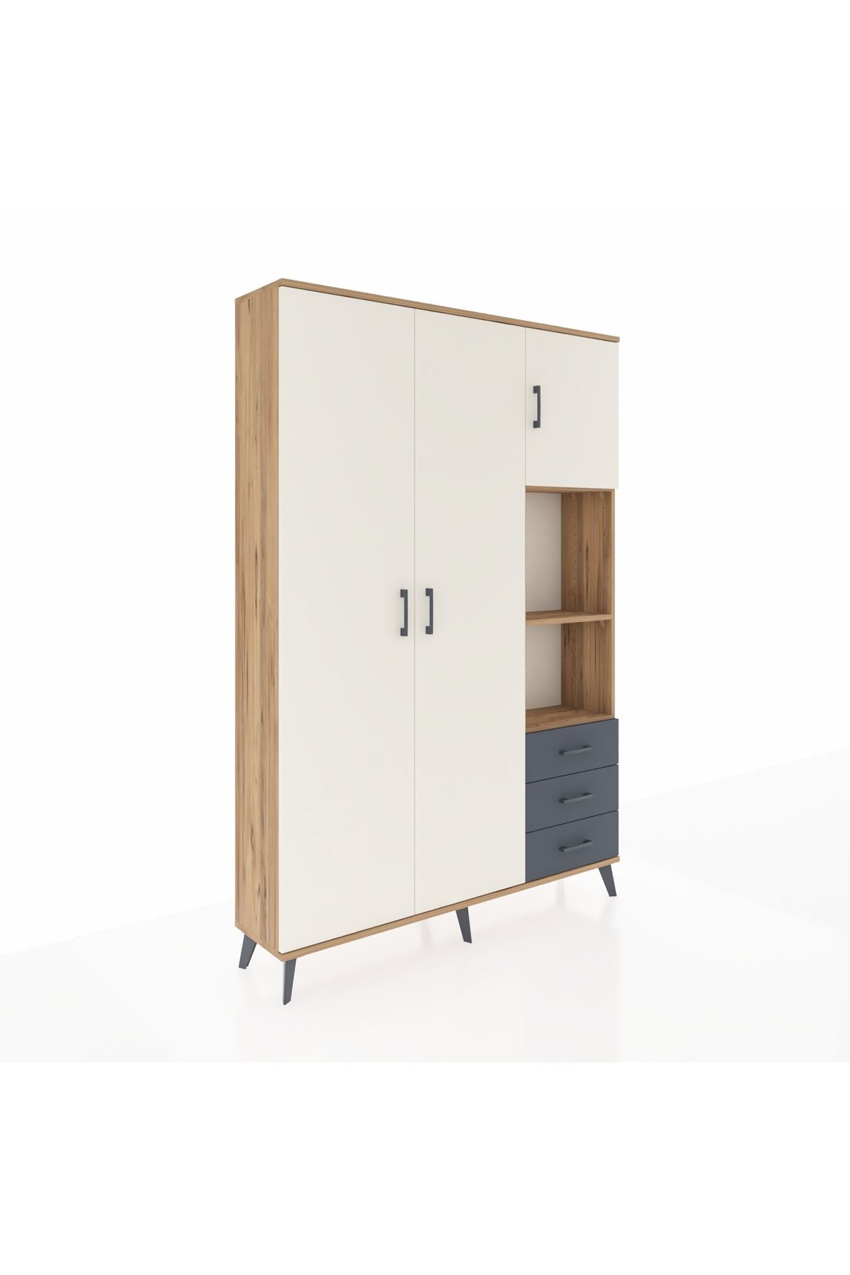 Arges Dolap 5 Raflı 3 Çekmeceli Tek Askılı 132x30x195 Çam-Aytaşı/Antrasit