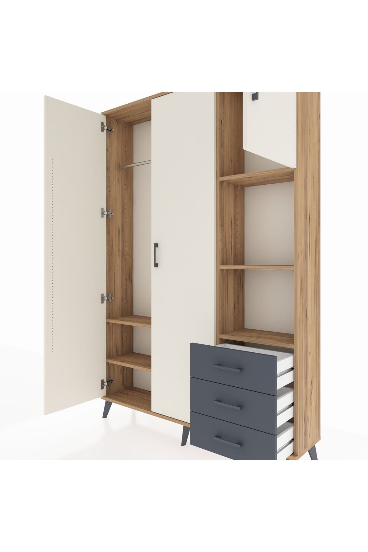 Arges Dolap 5 Raflı 3 Çekmeceli Tek Askılı 132x30x195 Çam-Aytaşı/Antrasit