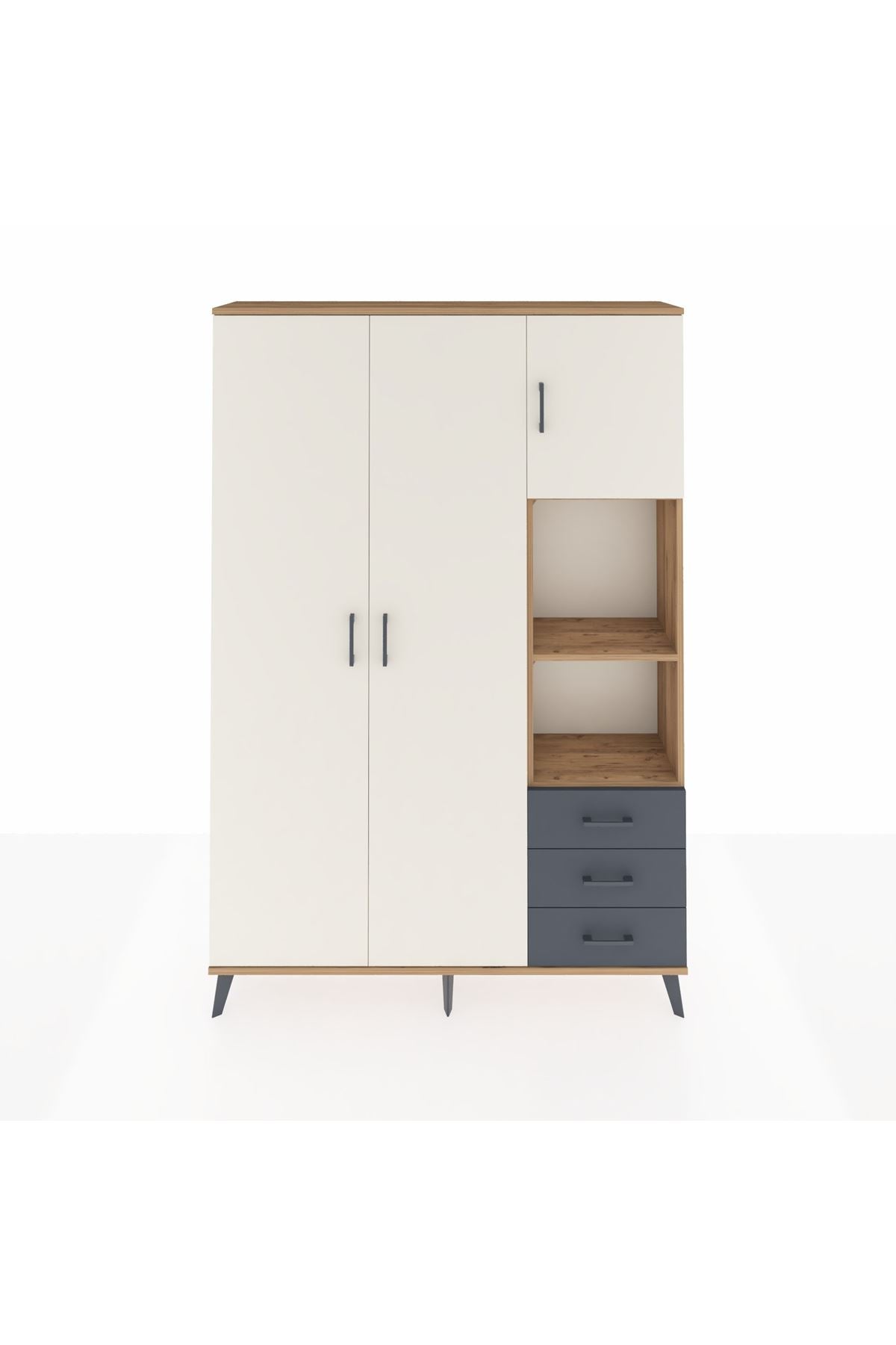 Arges Dolap 5 Raflı 3 Çekmeceli Tek Askılı 132x30x195 Çam-Aytaşı/Antrasit