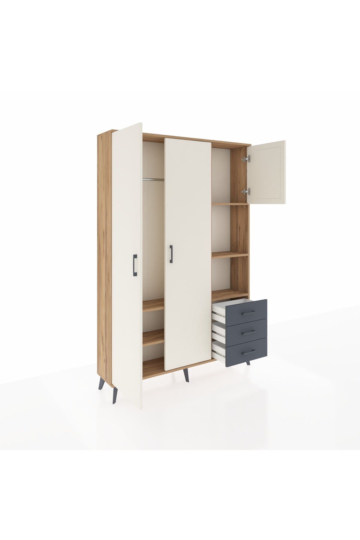 Arges Dolap 5 Raflı 3 Çekmeceli Tek Askılı 132x30x195 Çam-Aytaşı/Antrasit