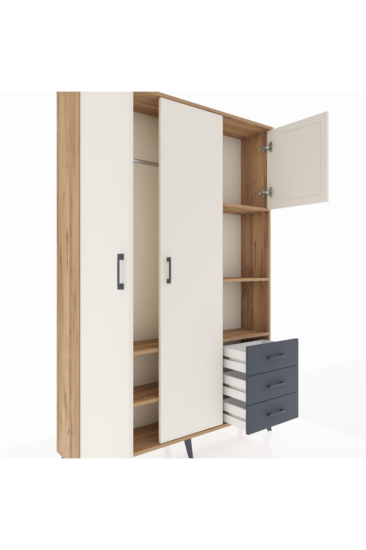 Arges Dolap 5 Raflı 3 Çekmeceli Tek Askılı 132x30x195 Çam-Aytaşı/Antrasit