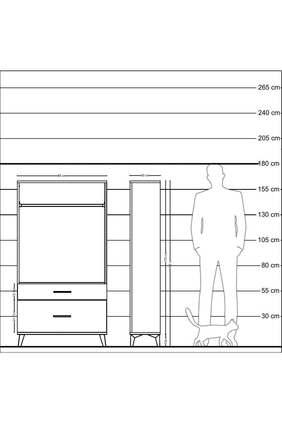 Arges Dolap Tek Raflı 2 Çekmeceli Tek Askılı 88x30x163 Çam-Çam