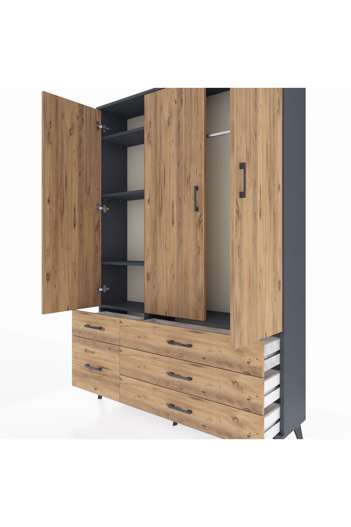 Arges Gardrop 5 Raflı 5 Çekmeceli Tek Askılı 132x30x195 Antrasit-Çam