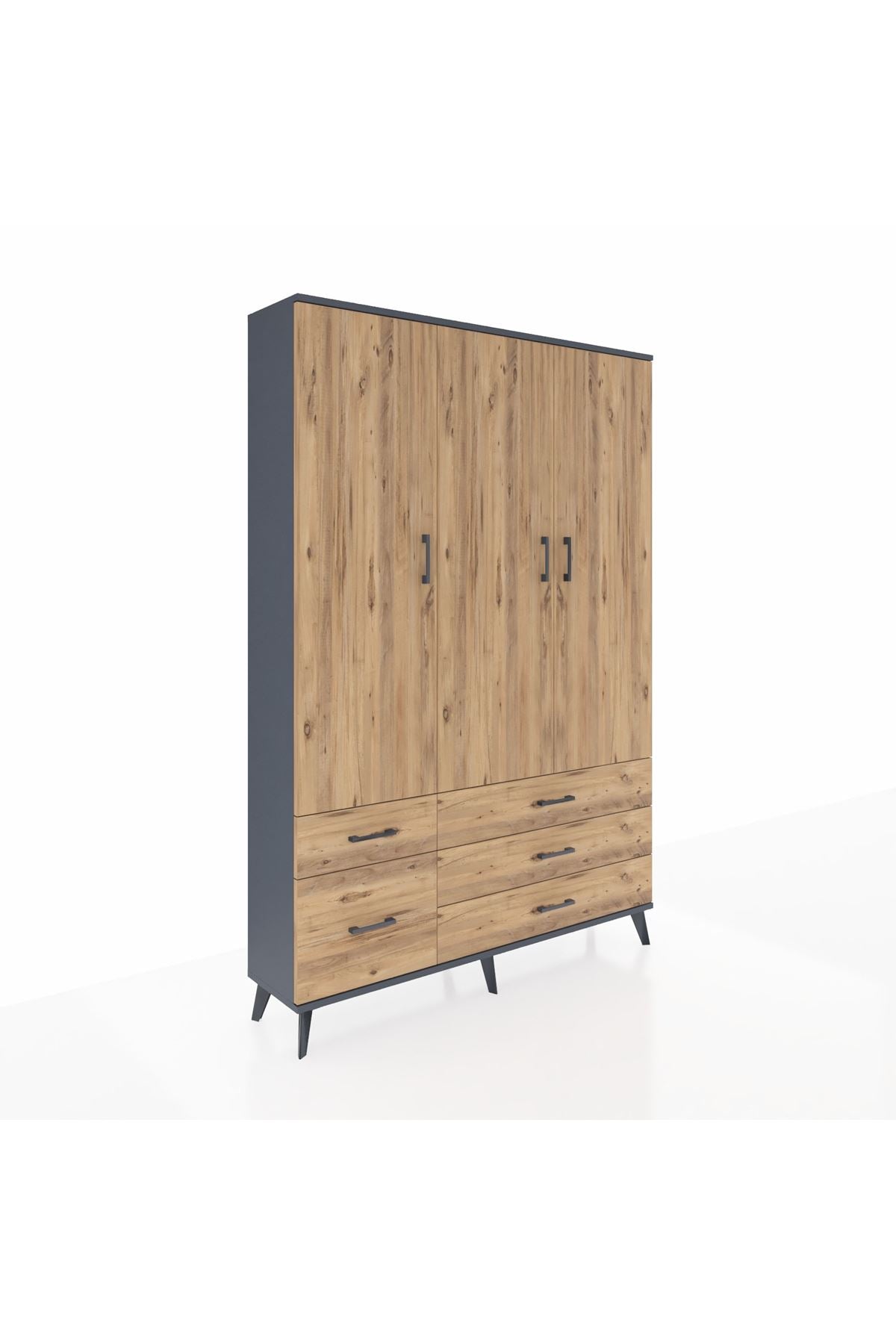 Arges Gardrop 5 Raflı 5 Çekmeceli Tek Askılı 132x30x195 Antrasit-Çam