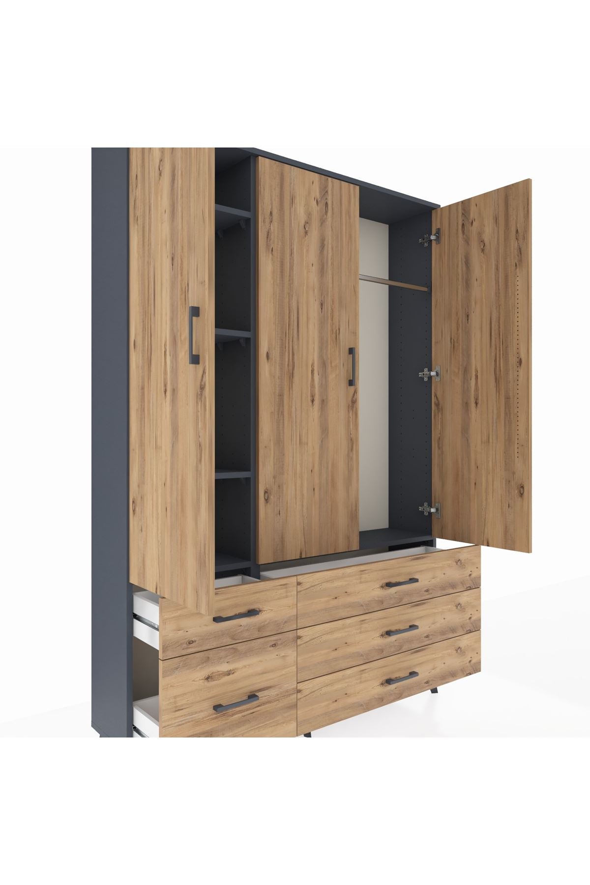 Arges Gardrop 5 Raflı 5 Çekmeceli Tek Askılı 132x30x195 Antrasit-Çam
