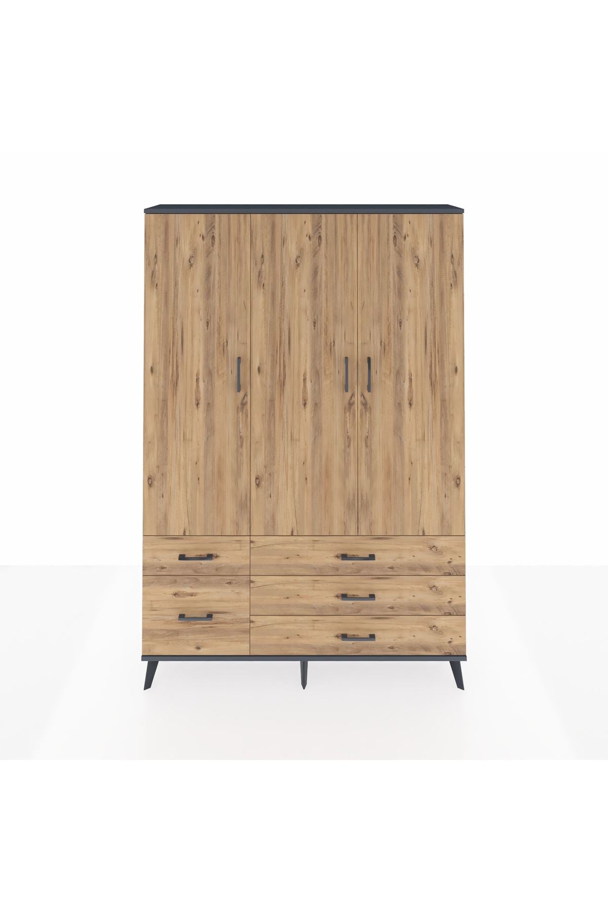 Arges Gardrop 5 Raflı 5 Çekmeceli Tek Askılı 132x30x195 Antrasit-Çam