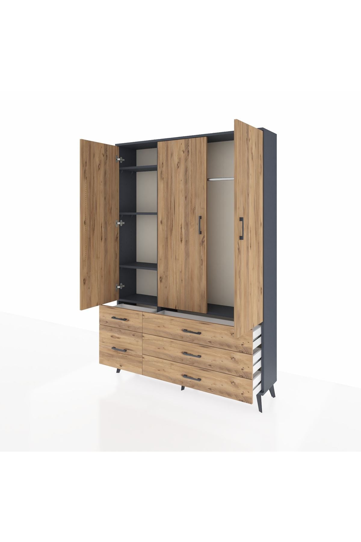 Arges Gardrop 5 Raflı 5 Çekmeceli Tek Askılı 132x30x195 Antrasit-Çam