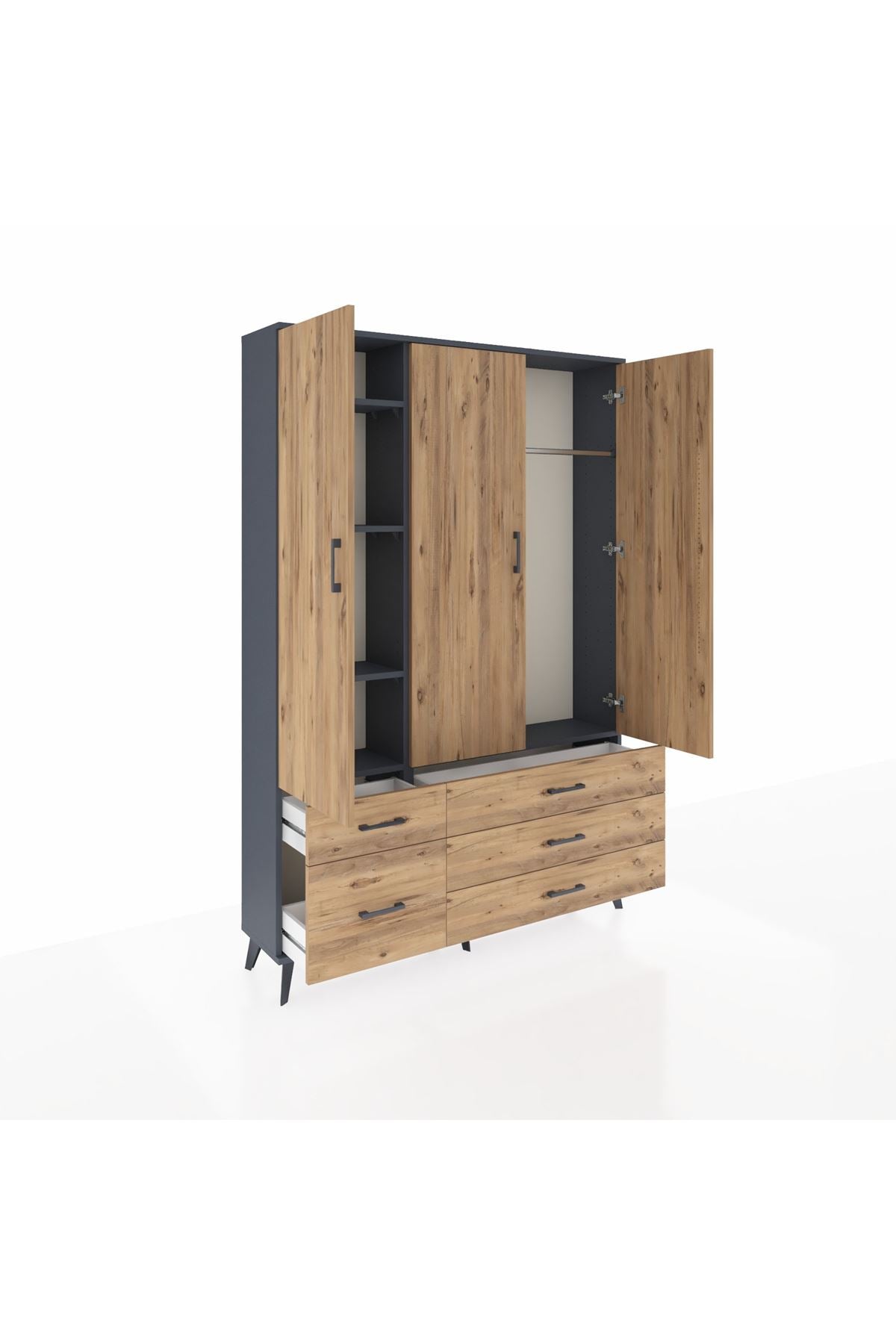 Arges Gardrop 5 Raflı 5 Çekmeceli Tek Askılı 132x30x195 Antrasit-Çam
