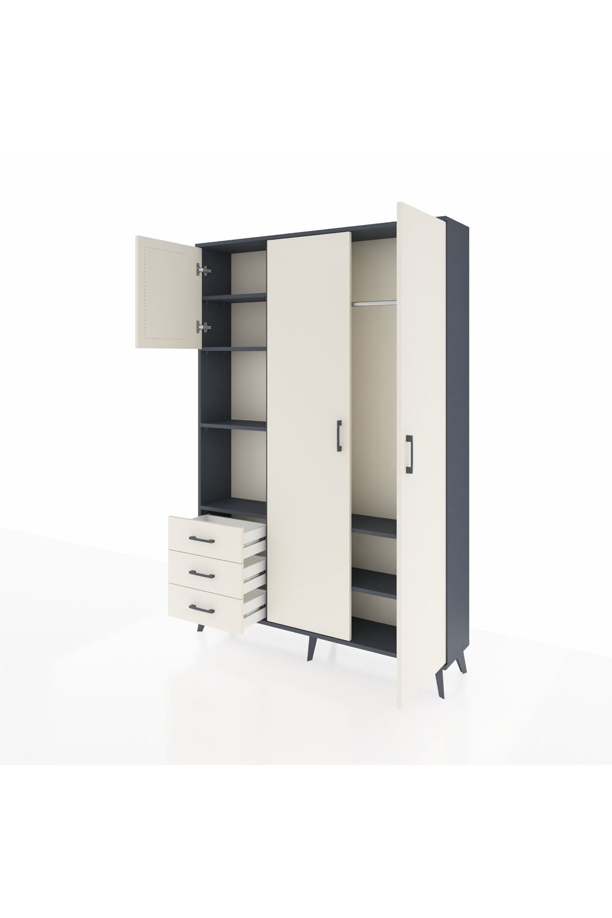 Arges Gardrop 6 Raflı 3 Çekmeceli Tek Askılı 132x30x195 Antrasit-Aytaşı