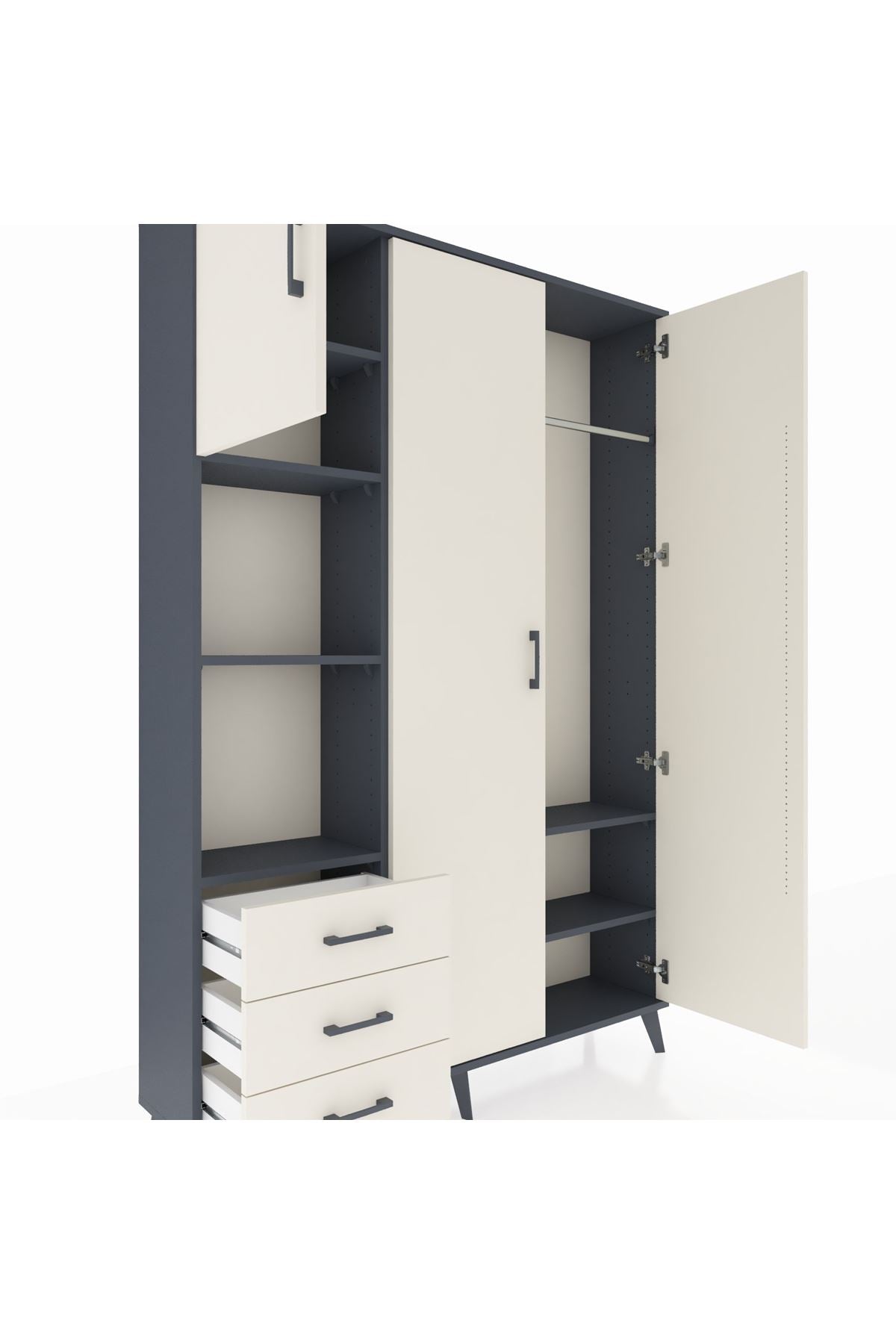 Arges Gardrop 6 Raflı 3 Çekmeceli Tek Askılı 132x30x195 Antrasit-Aytaşı