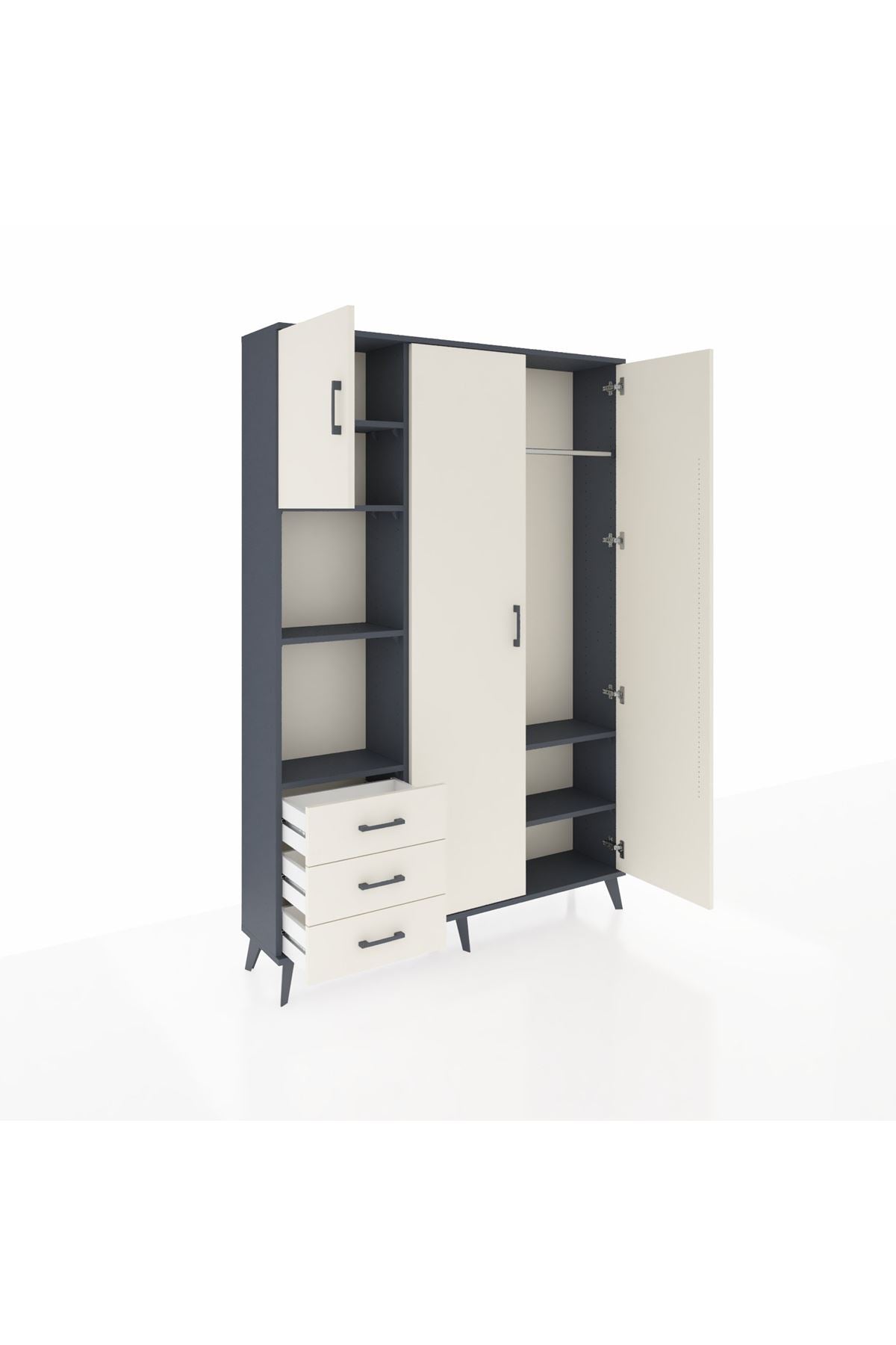 Arges Gardrop 6 Raflı 3 Çekmeceli Tek Askılı 132x30x195 Antrasit-Aytaşı