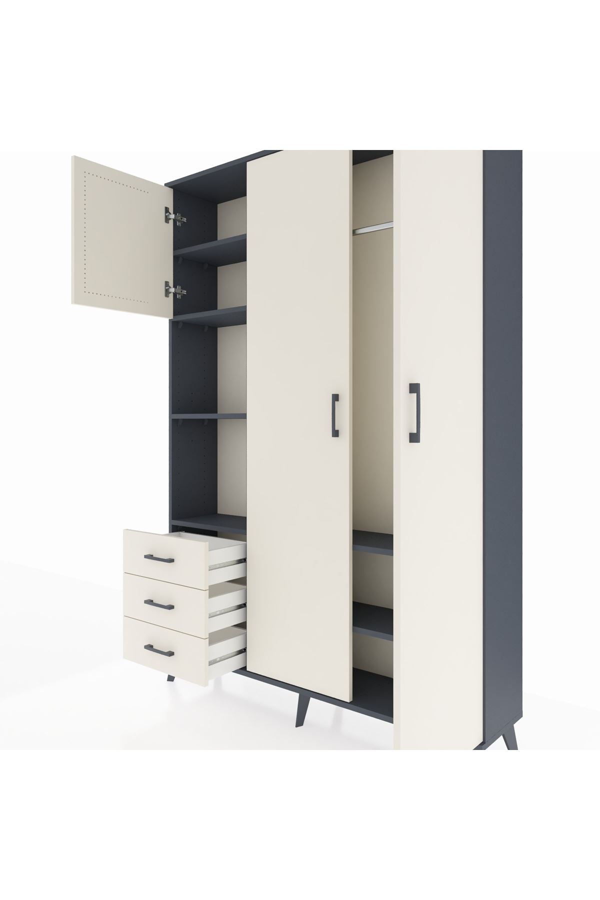 Arges Gardrop 6 Raflı 3 Çekmeceli Tek Askılı 132x30x195 Antrasit-Aytaşı