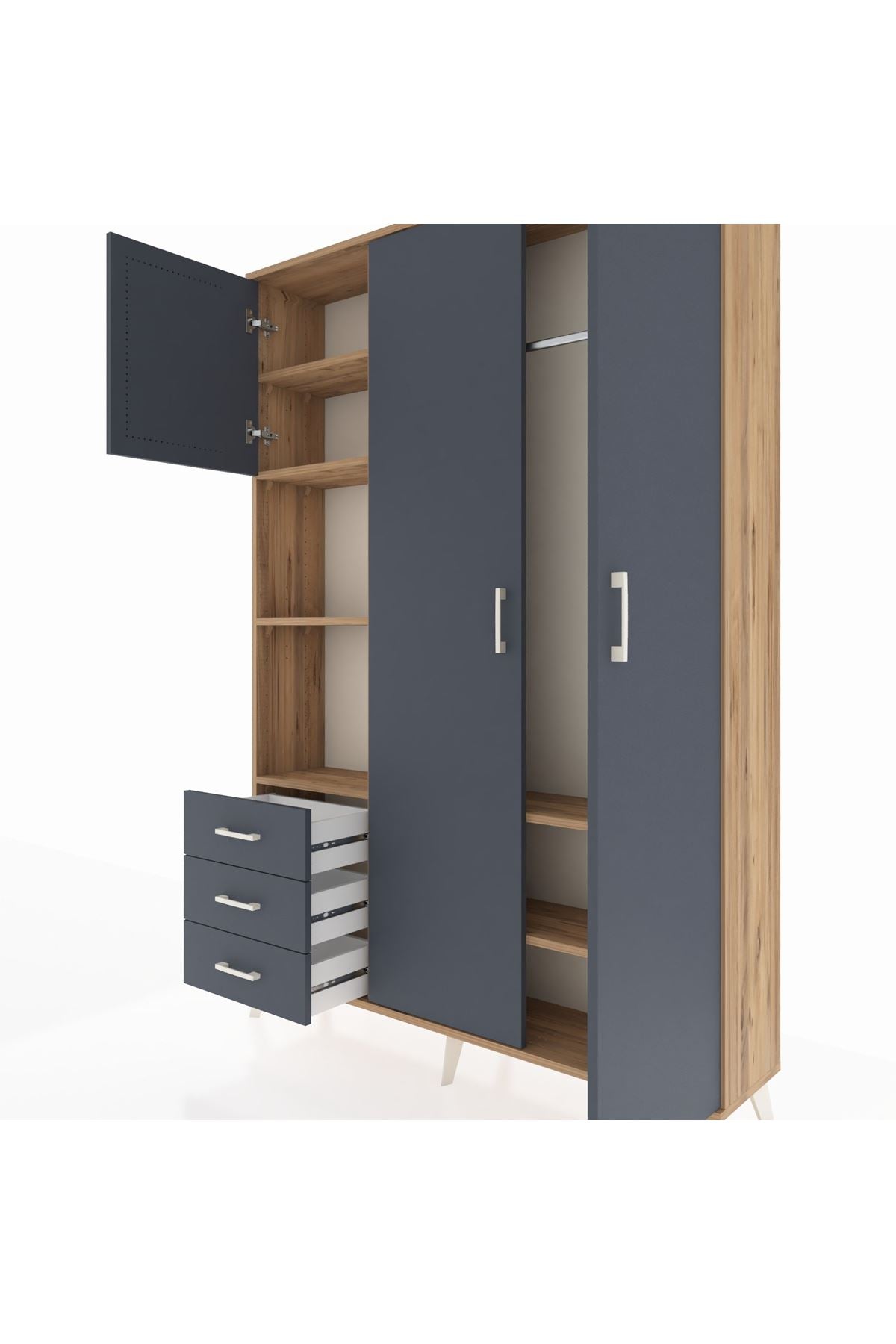 Arges Gardrop 6 Raflı 3 Çekmeceli Tek Askılı 132x30x195 Çam-Antrasit