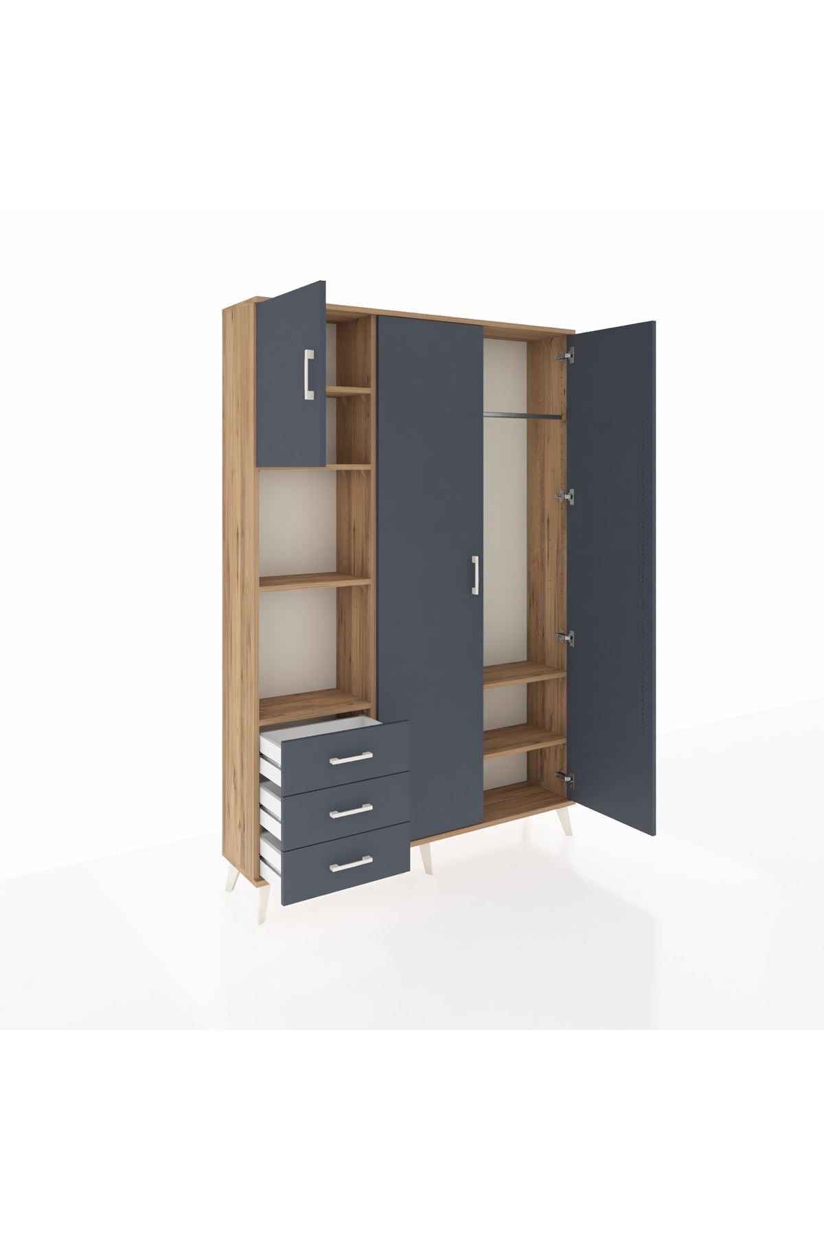 Arges Gardrop 6 Raflı 3 Çekmeceli Tek Askılı 132x30x195 Çam-Antrasit