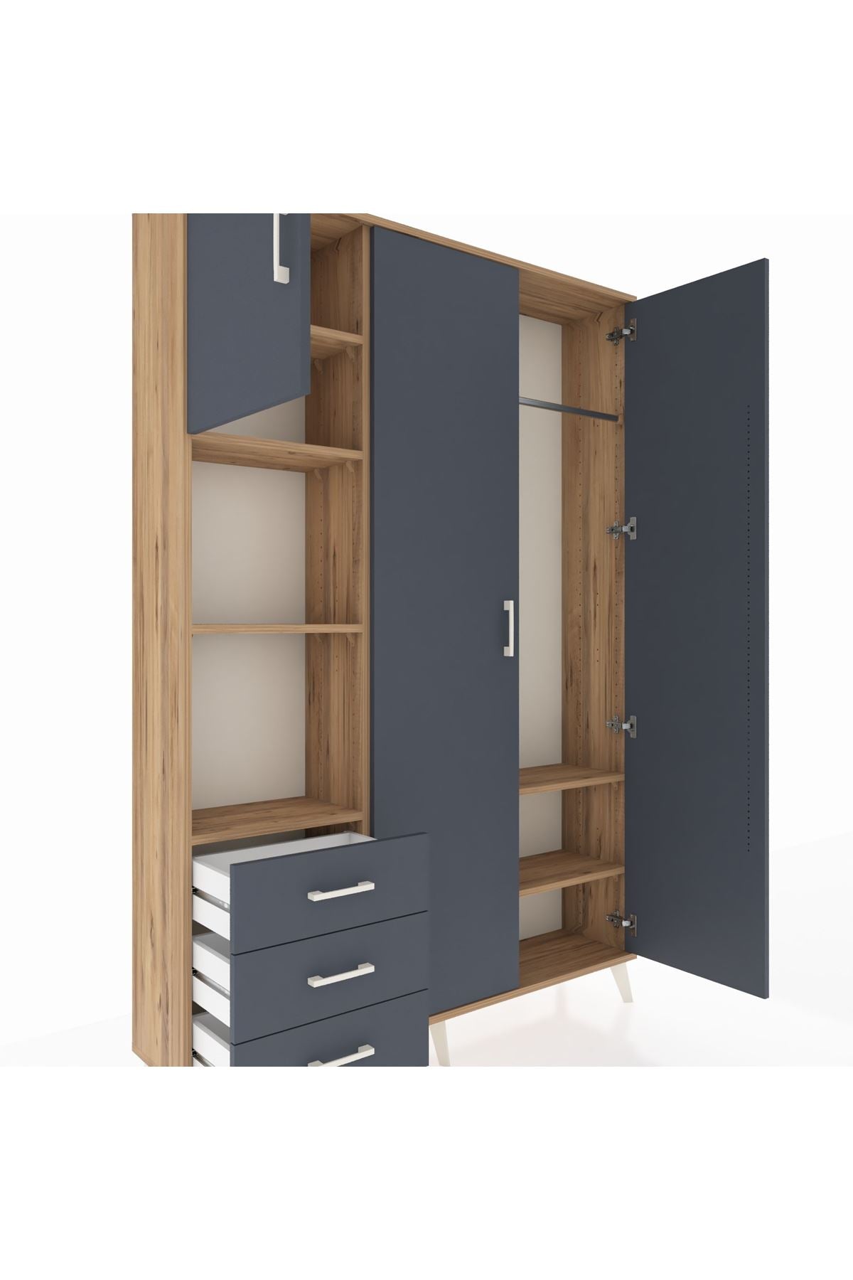Arges Gardrop 6 Raflı 3 Çekmeceli Tek Askılı 132x30x195 Çam-Antrasit