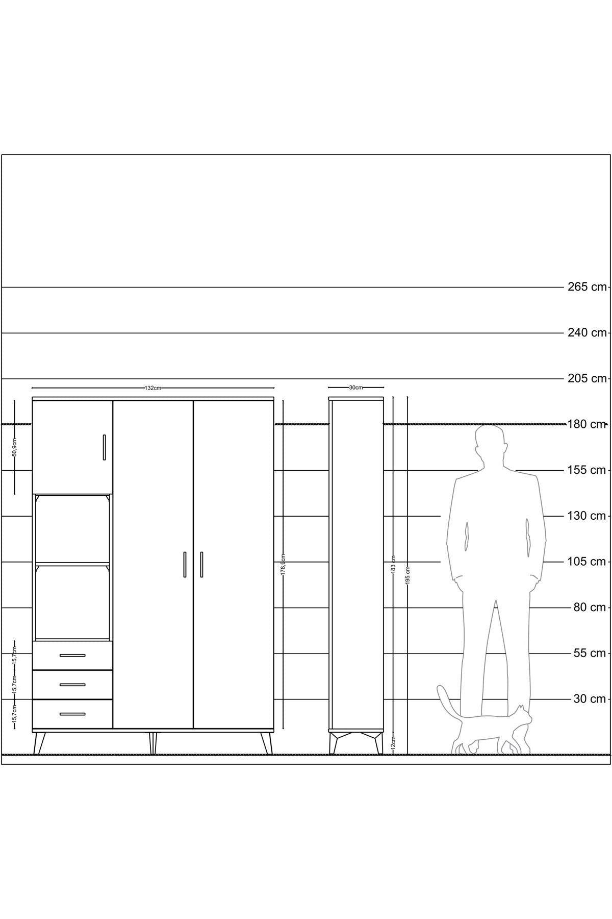 Arges Gardrop 6 Raflı 3 Çekmeceli Tek Askılı 132x30x195 Çam-Antrasit